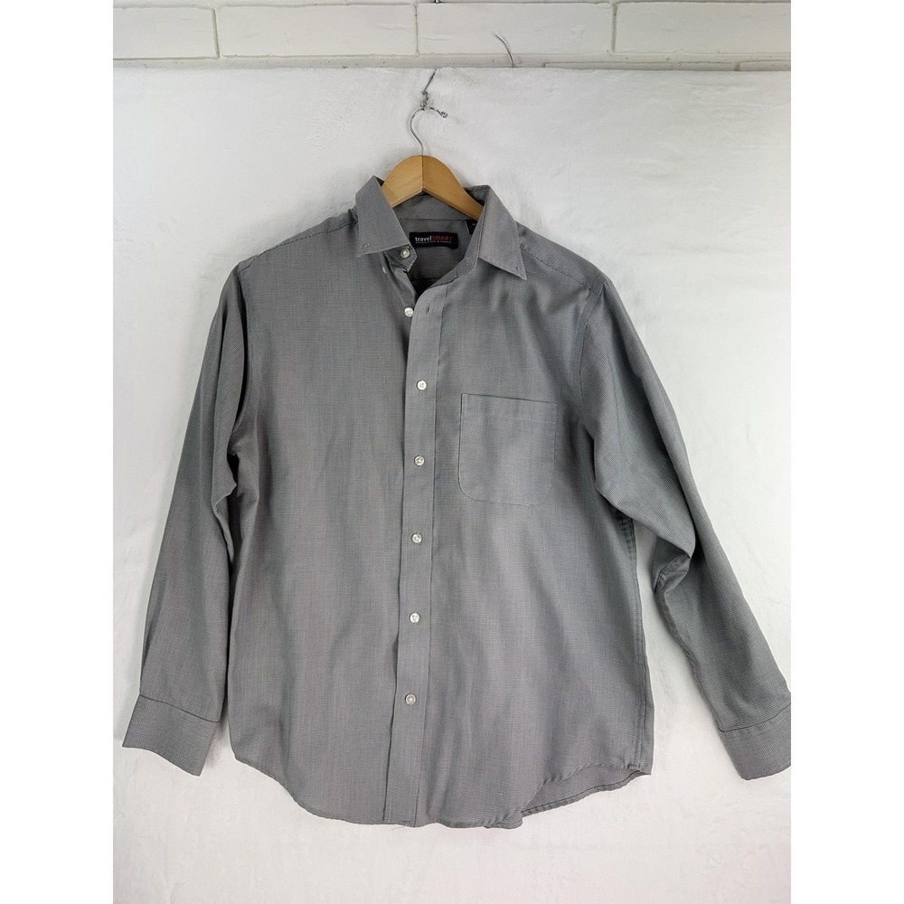 Roundtree & Yorke travelSMART Shirt Mens Medium Gray Microcheck Button Up Pocket
